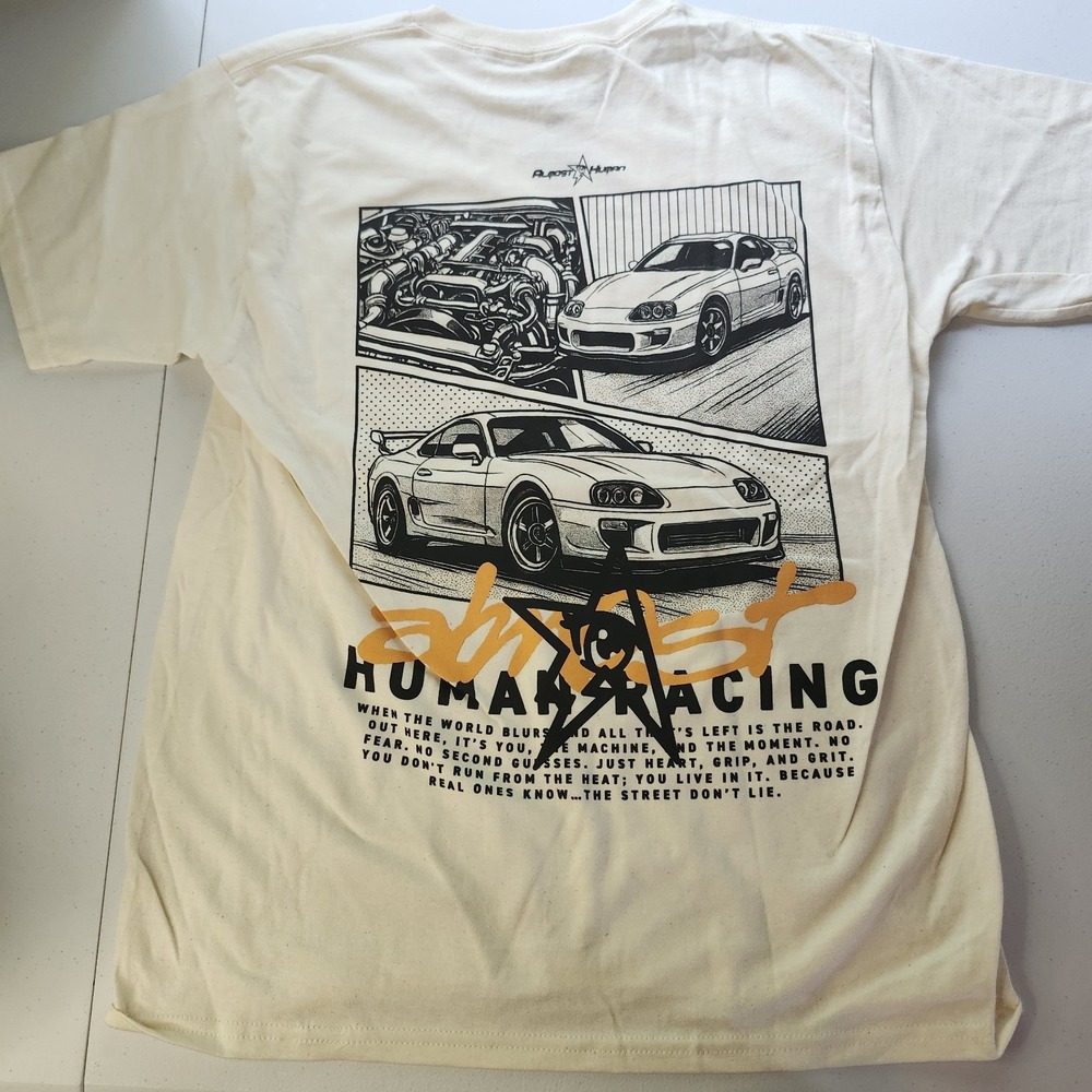 Almost Human Men's Beige Racing Cars Graphic Logo Crew Neck Tee Shirt XL